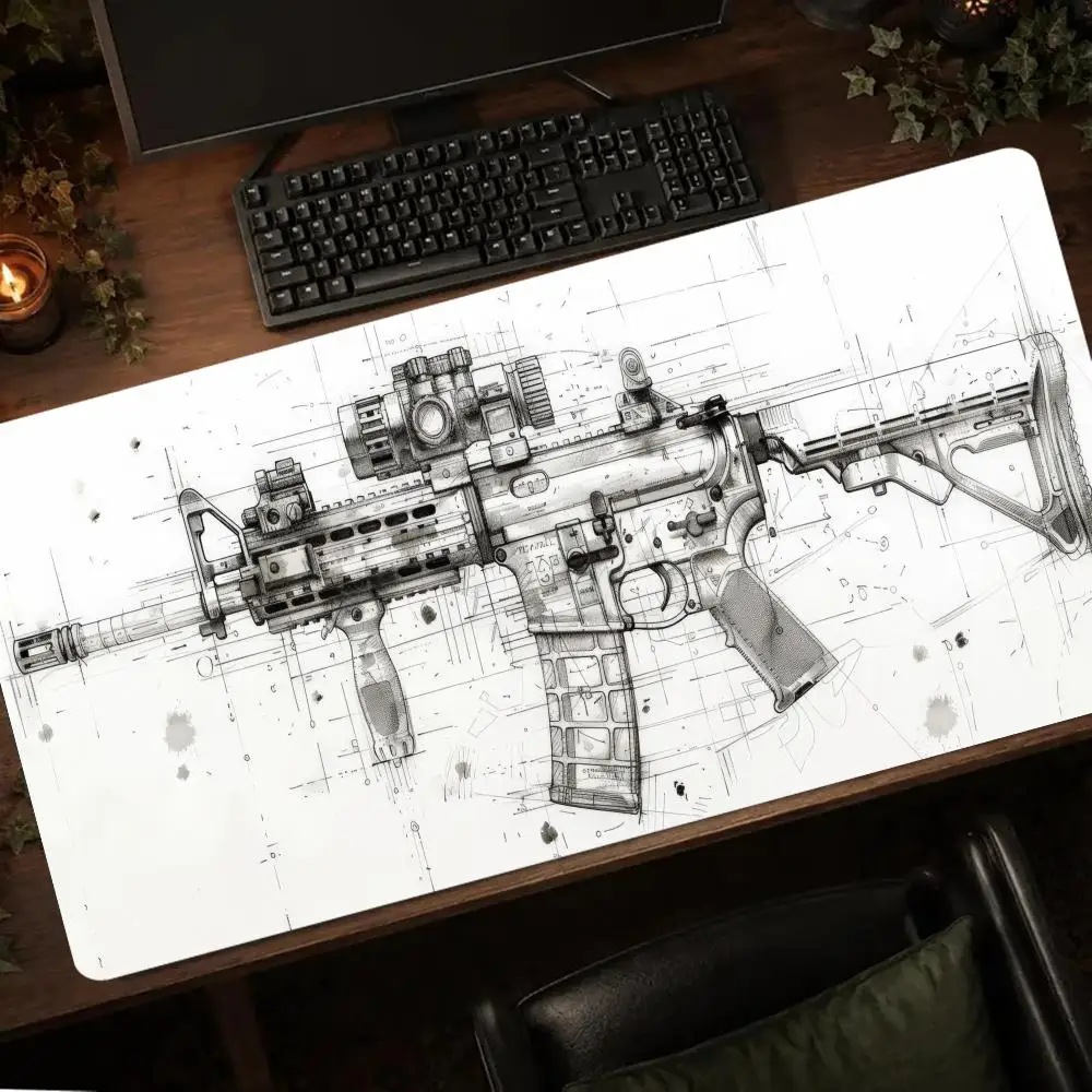 Modern Tactical Rifle Line Art Mouse Mat Gaming Mats Mousepads Gaming Setup Playmat Carpet Desk Gadgets Extended Pad Office Rug