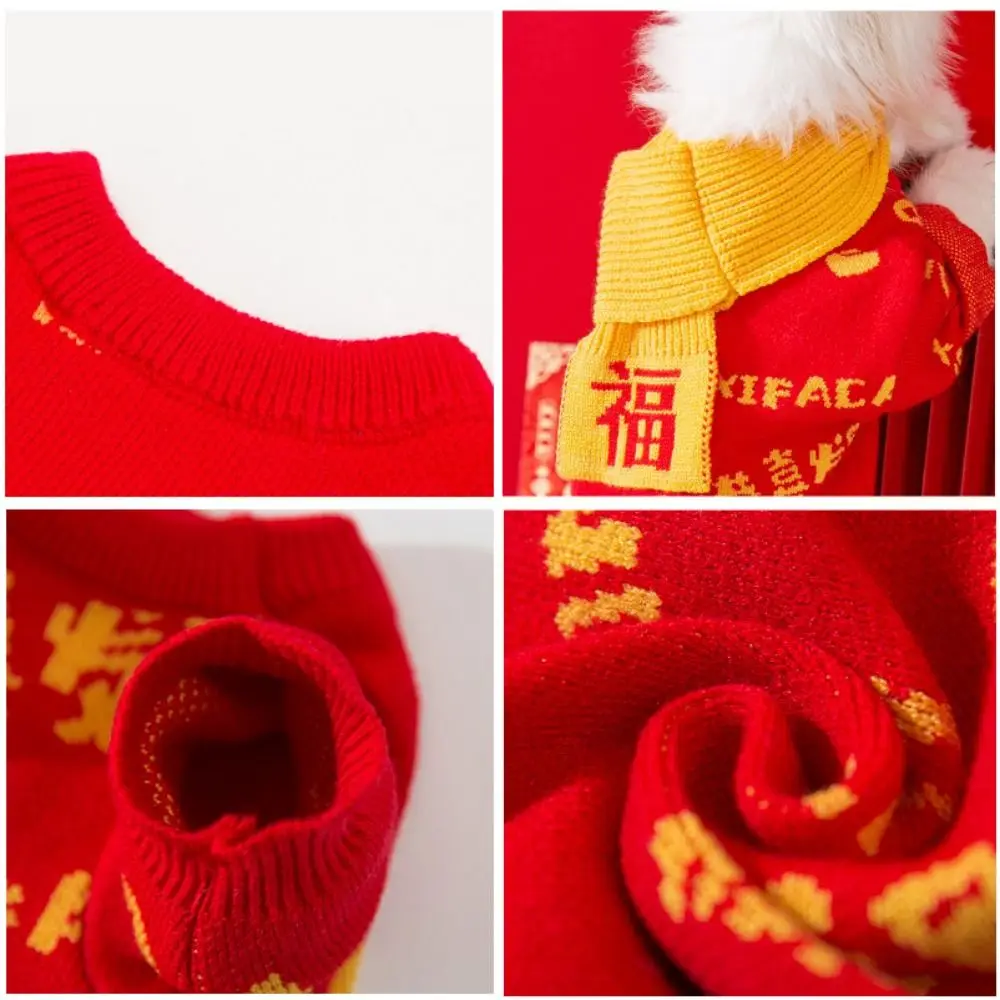 Chinese Style New Year Dog Sweater Best Wishes with Scarf Warm Pet Pullover Soft Winter Dog Clothing Cat Fu Scarf