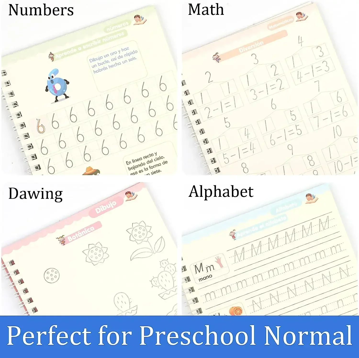 4 Books Magic Writing Book in Spanish Calligraphy Notebook Montessori Kids Reusable Educational Calligraphic Letter Practice Toy