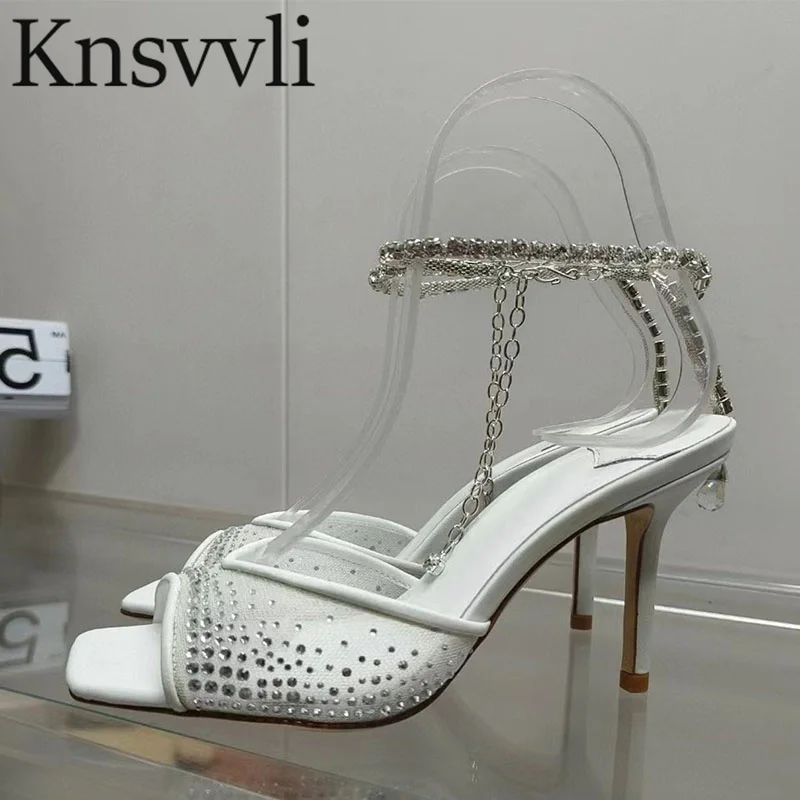 

Luxury Rhineston Sandals Women High Heels Wedding Shoes Mesh Hollow Out Crystal Ankle Strap Summer Sandals Woman Sandalias Mujer