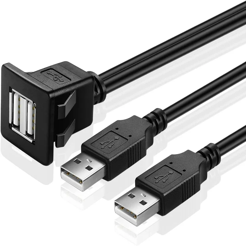 

1M Square USB 2.0/3.0 2 Ports Male to Female Flush Panel Mount Extension Cable for Car Truck Dashboard Charging Data Transfer