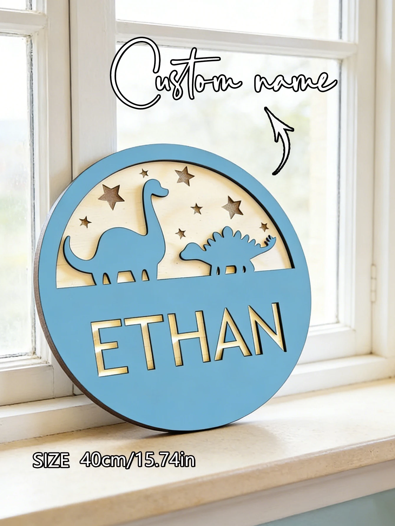 Custom Name Dinosaur Round Wooden Name Sign Boys Bedroom Wall Decor, Custom Kid Wood Sign, Baby Shower Newborn Boy Gift