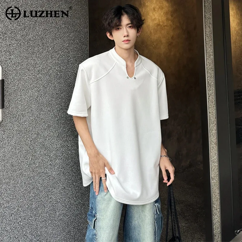 

LUZHEN 2025 Summer New Trendy Solid Color V Neck Short Sleeve T-shirts Men's Handsome Korean Casual Tops Loose Clothes JY2419