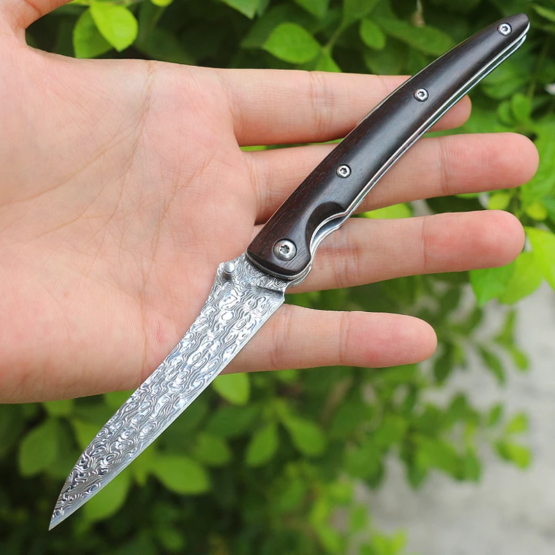 Damascus Wave Folding Knife Ebony Handle Ball Bearing Flip Pocket Outdoor Hunting Camping Fishing EDC Survival Tool Knife