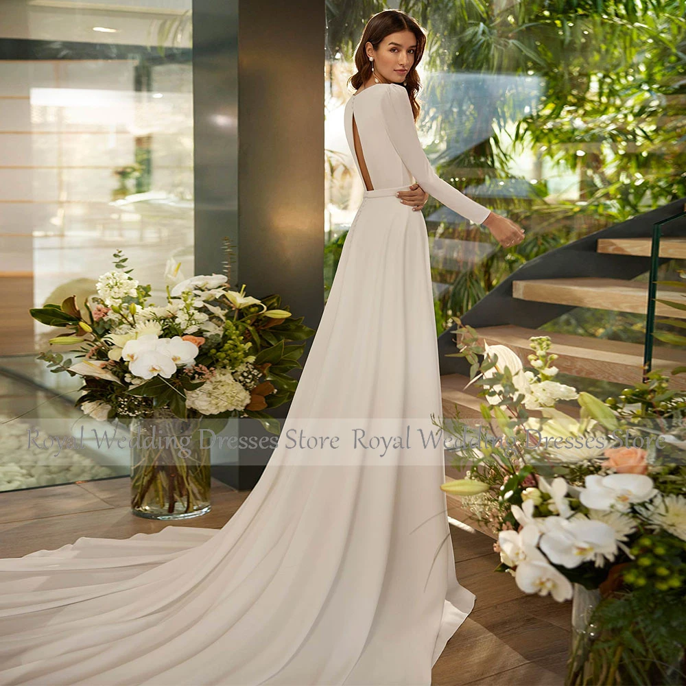 Elegant O Neck Wedding Dresses for Women Detachable Train Mermaid Full Seleeves Wedding Gowns Long  Simple Bridal Dress