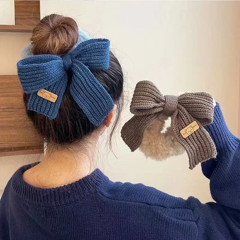 

New Solid Bowel Hair Rings Knitted Wool Bow Hair Tie Hair Accessories for Girls Autumn and Winter Woolen Butterfly Hairs Band