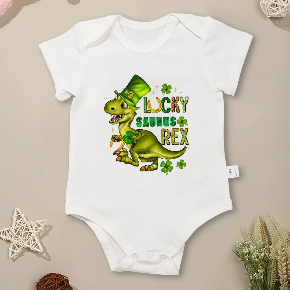 St. Patrick's Day Baby Onesies Lucky Saurus Rex Cartoon Cute Baby Girl Boy Clothes Green Festival Vibe 2024 Newborn Bodysuit