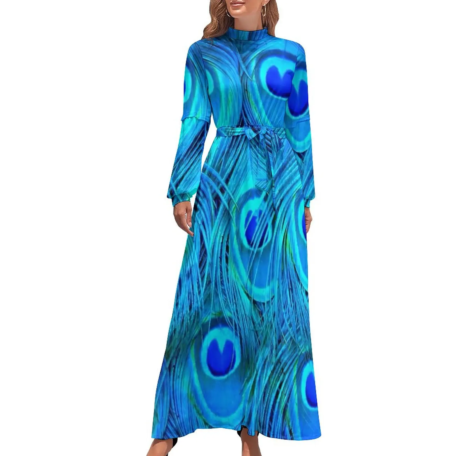 Peacock Feather Design Dress Blue Animal Street Style Boho Beach Dresses Women Long Sleeve High Waist Sexy Long Maxi Dress