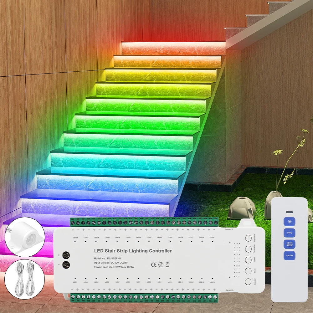 LED Stair Light Controller 24V LED Strip Stair Motion Sensor Switch 16/28 Step DIY Color Stair Lighting LED Strips Home Decor