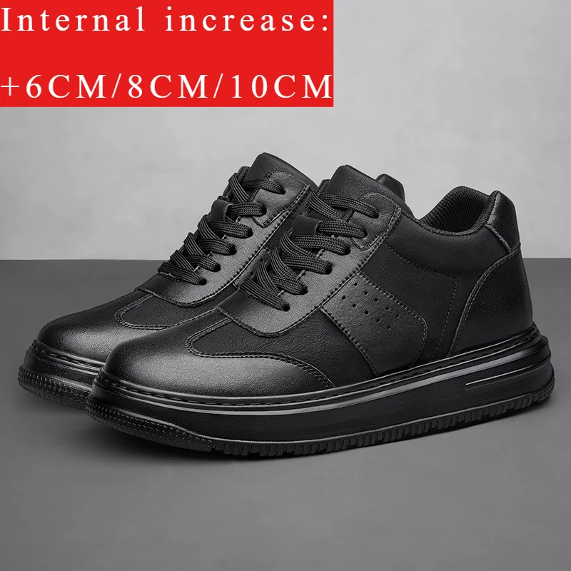 Men's 6-10CM Height Increasing Sneakers Black Mid-top Casual Leather Non-slip Comfortable Daily Work Shoes