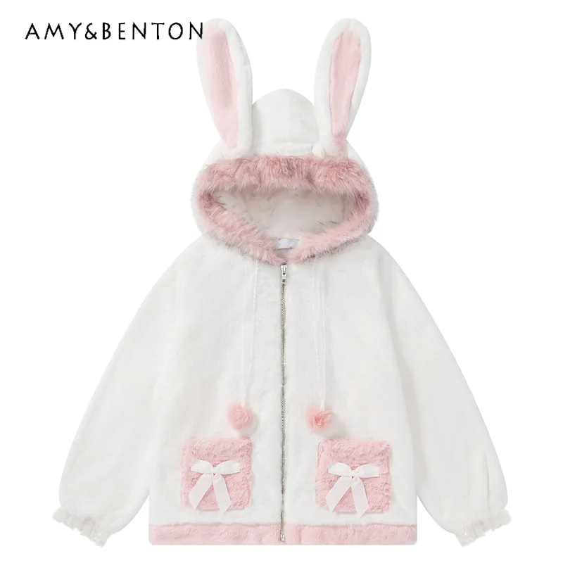 2025 invierno blanco nuevo empalme esponjoso orejas de animales suelto lindo abrigo de mujer diseño francés con capucha chaquetas cálidas de lana de cordero señoras
