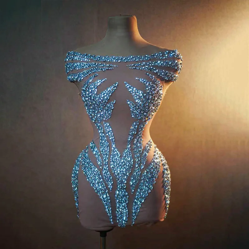 

Party Evening Short dresses Woman rhinestone see through mesh Stage suit costume special occasions dance drag queen outfits