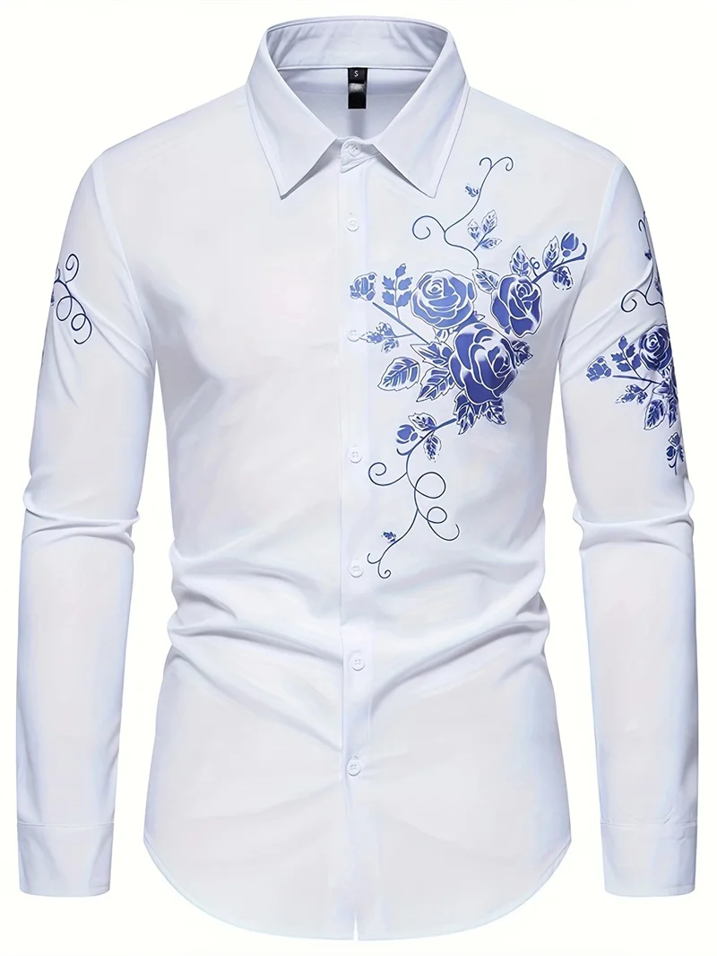 Men White Blue Ink Wash Floral Long Sleeve Shirt Lapel Collar Button‑Up Polyester Casual Blouse