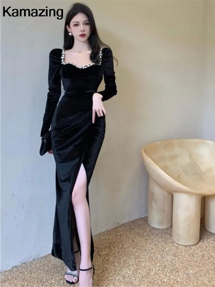 Sexy Bodycon Evening Party Dress Women Autumn New Velvet Diamonds Prom Robe Ladies France Vintage Split Mermaid Vestidos Mujer