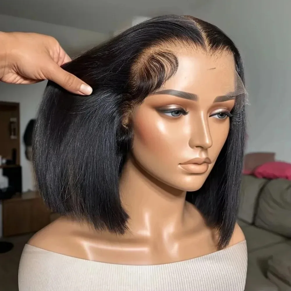 300% Density 13x4 HD Lace Front Drawstring Straight Wig Glueless Wigs Human Hair Pre Plucked Bob Wig Natural Black Human Hair