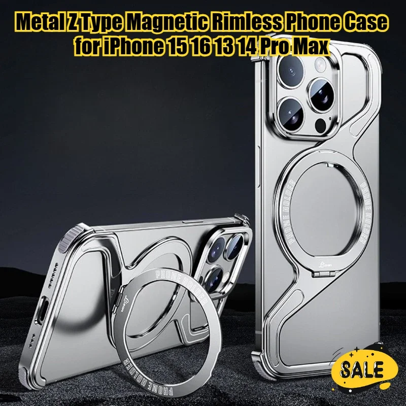 

120° Flip/elastic Buckle Metal Z Type Magnetic Phone Case for IPhone 13 14 15 16 Pro Max Rimless Snap-on Bracket Anti-drop