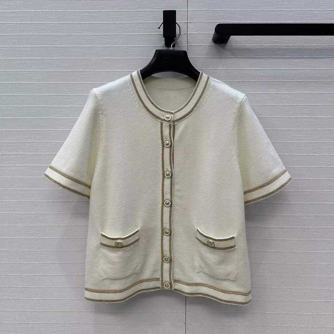 

New Sping Fashion Vintage Gold Thread Embroidery Stripes Pattern Knitted Cardigan Women O-neck Short Sleeve Button Sweet Sweater