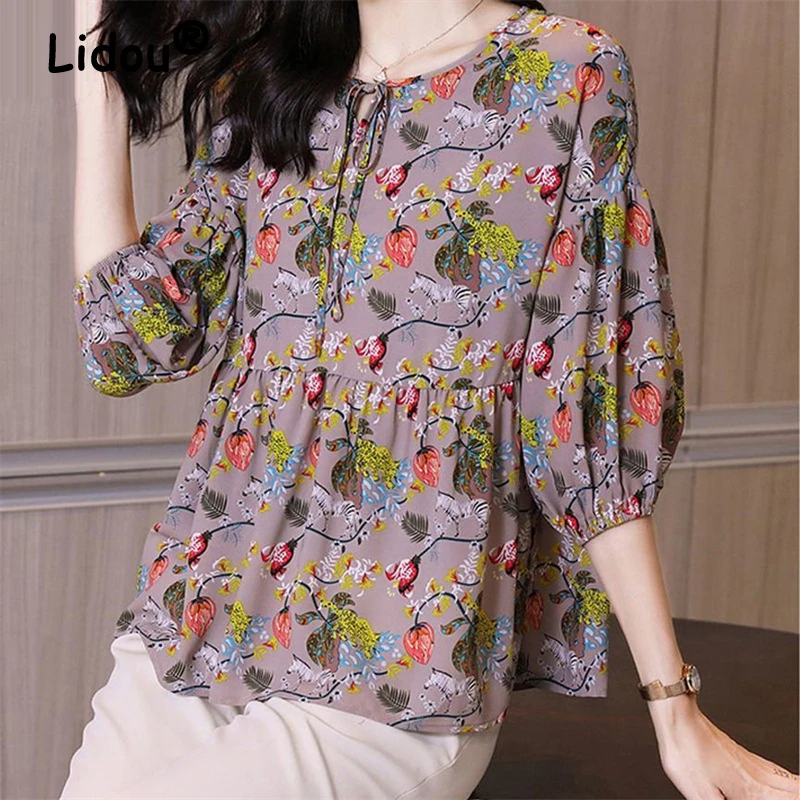 Women\'s Korean Fashion Floral Print Blouse Elegant Ruffles Lace Up Half Sleeve Shirt Casual O Neck Loose Tops Blusas Para Mujer