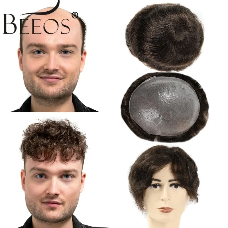 

Beeos Toupee Men's Human Hair System Remy Hair Pieces Super Thin Skin Base 0.03mm Thickness Toupee V Loop 90% Density