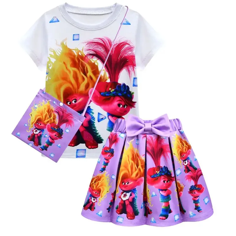 111 www Kids Halloween Queen Trollsing 3 Fantasy Dress Girls Clothes Sets Summer Cartoon Print T-Shirt+skirt Bag Short Sleeve To