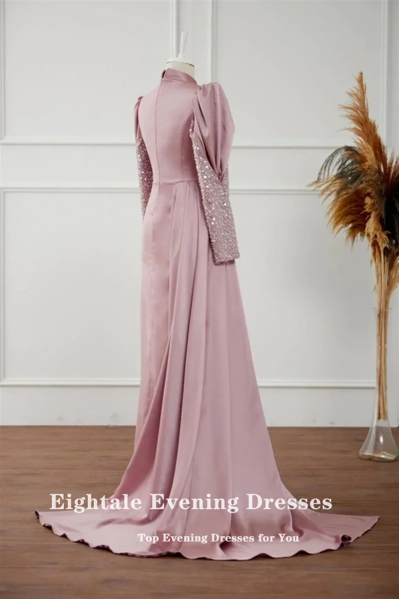 Eightale Arabic Evening Dress for Wedding Party Pink Muslim Prom Gowns Satin Sequined Long Sleeves Customized Dress abendkleid