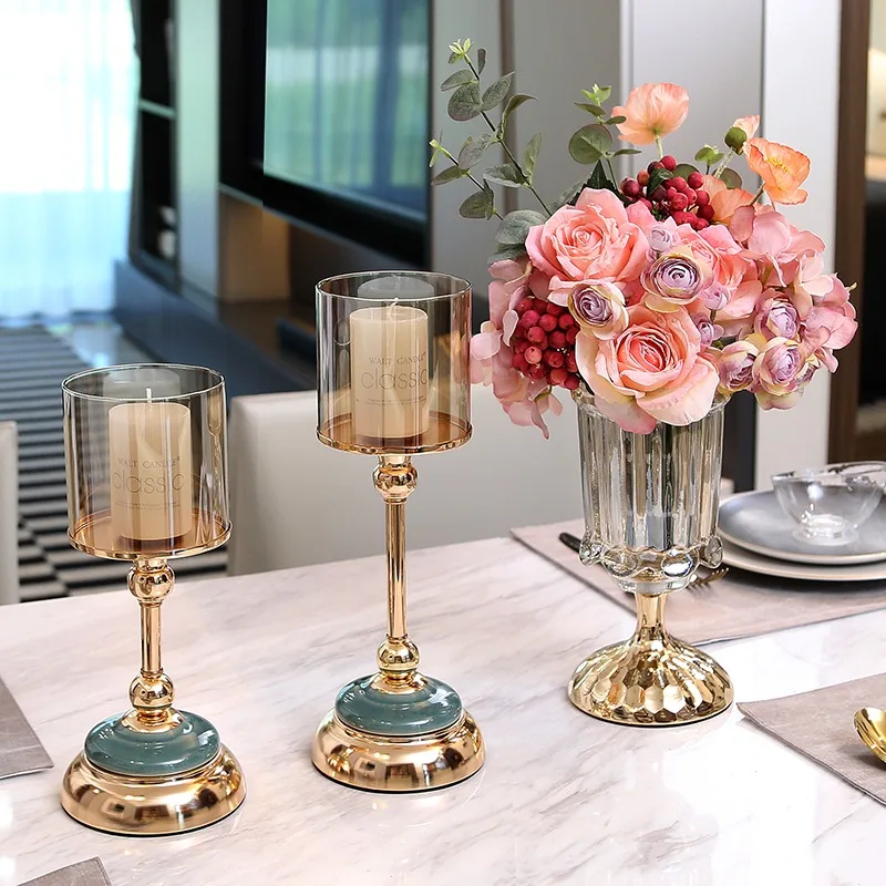 

Golden Metal Glass Candle Holder Candelabrum Wedding Table Centerpieces Candlestick Candlelight Dinner Prop Home Decoration