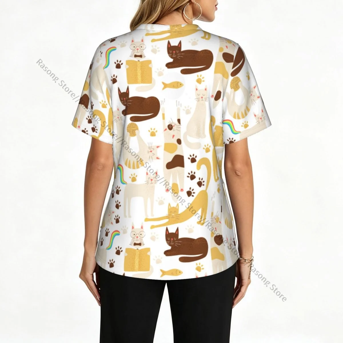 Women's Medical Scrub Top V Neck Short Sleeve Cats Funny Print Stretch Nursing Uniform for Hospital Clinic
