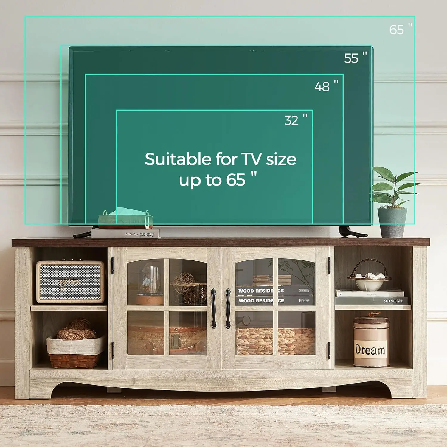LINSY HOME Farmhouse TV Stand for 65 Inch TV, Wood Entertainment Center with Glass Door Storage Cabinet & Adjustable Shelves.