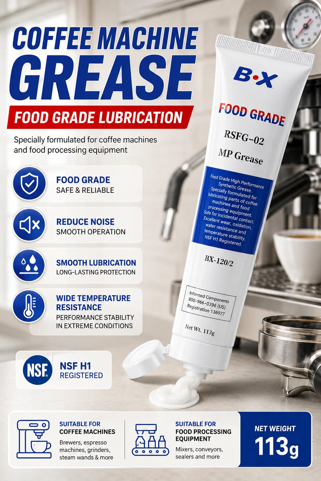 B·X RSFG-02 Kaffeemaschinen-Schmierfett Lebensmittelqualität NSF H1 Schmiermittel für Espresso-Brühgruppe O-Ring Zahnrad 113g – Detail 1