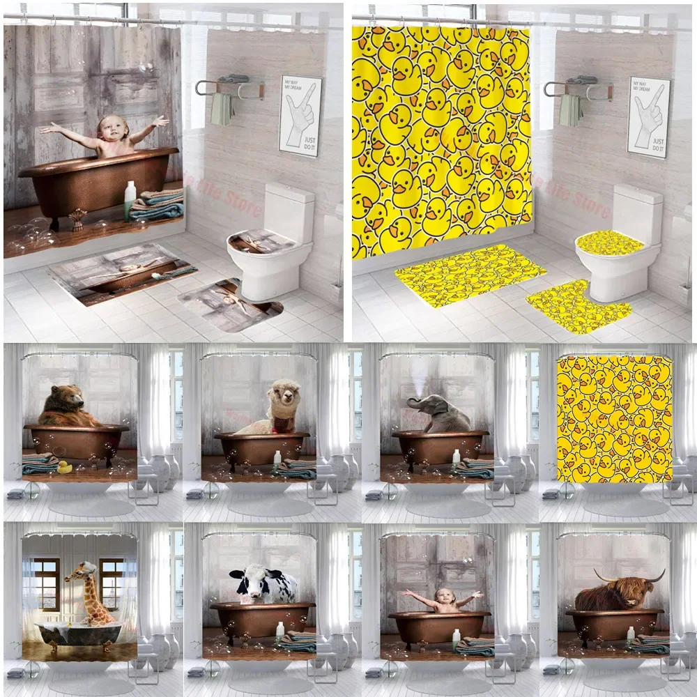 Vintage Bathtub Animal Alpaca Waterproof Shower Curtain Set 12 Hooks Bathroom Curtain Giraffe Bear Child Bath Mildew Proof Decor