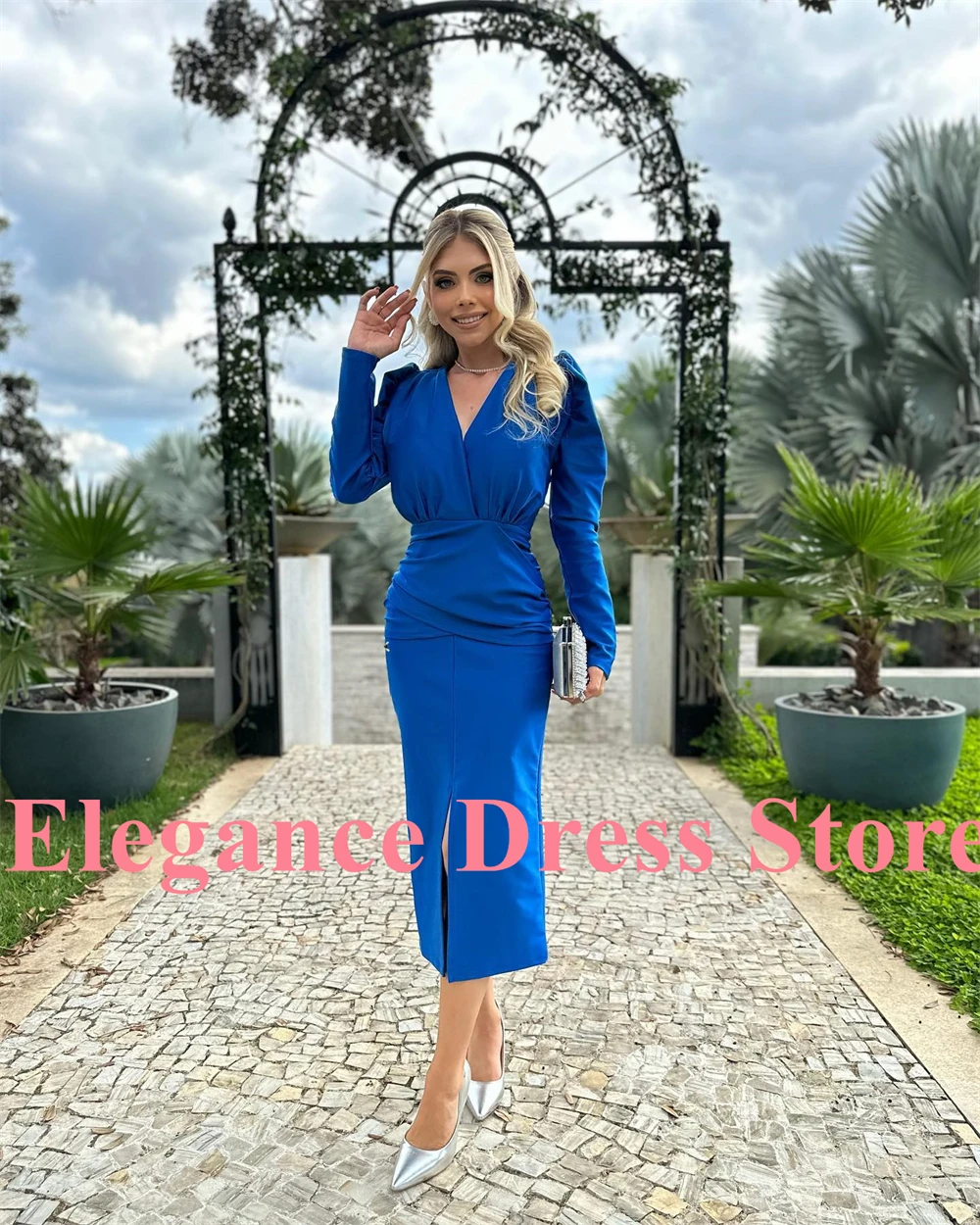 Customized Temperament V-Neck Long Sleeves Jersey Evening Dresses Graceful Pleats Blue Vestido De Festa Vestido De Noc