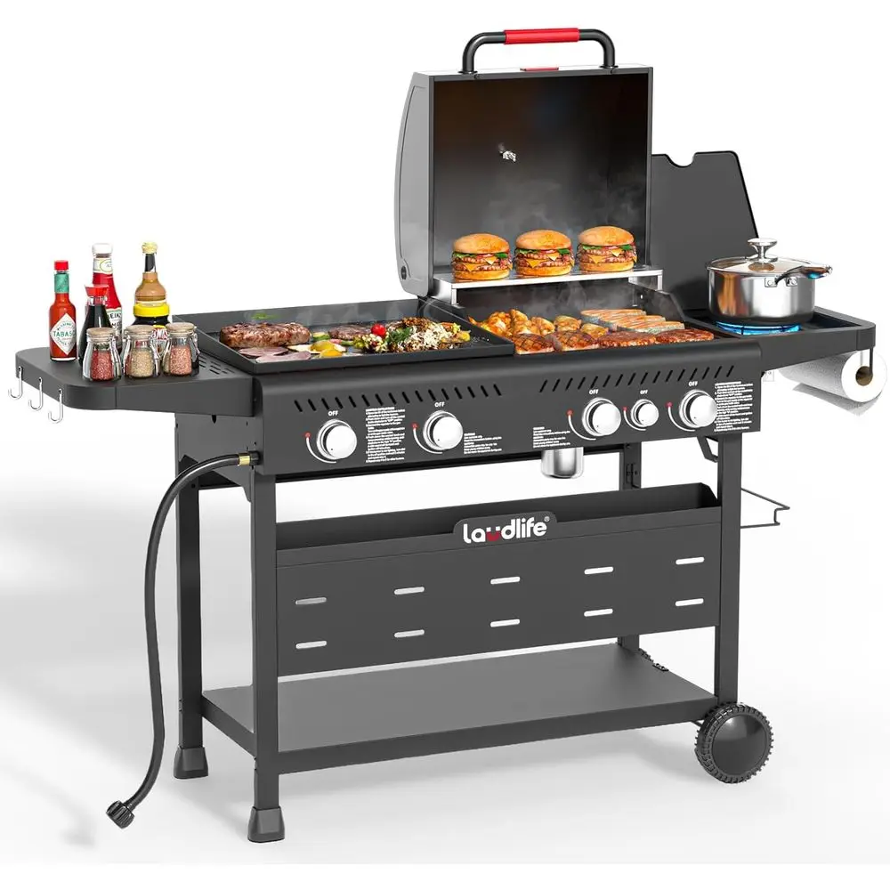 

Dual BBQ Grill with Side Burner, 5 Burners, 702 SQ.IN Non-Stick Porcelain-Enameled Cooking Area