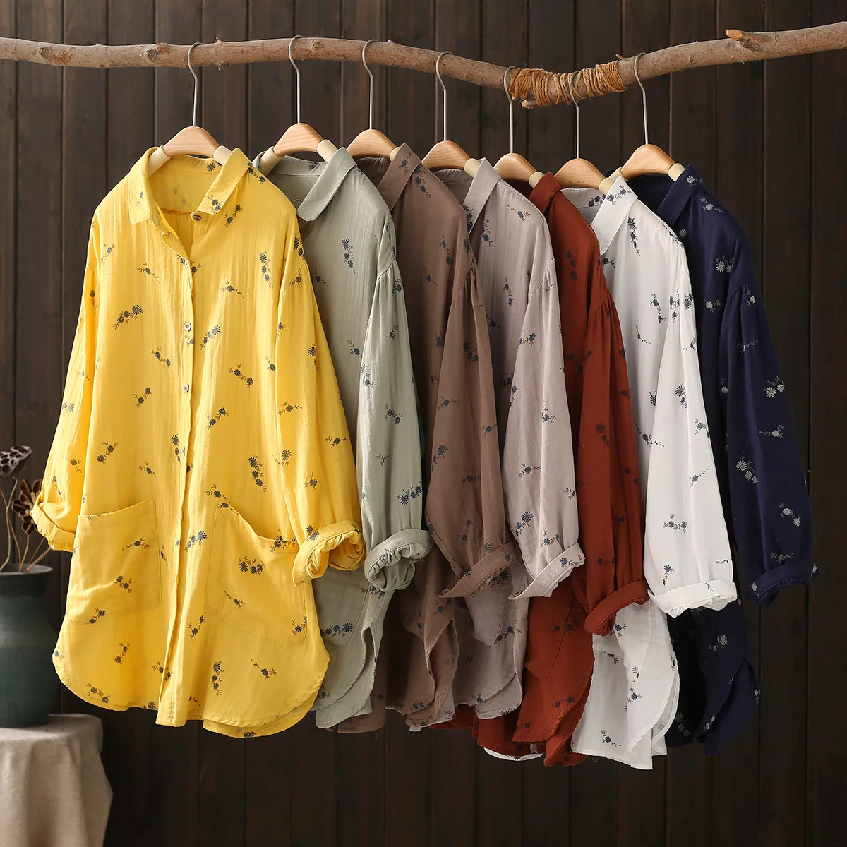 

100% Cotton Yarn Long Shirt for Woman Long Sleeve Shirts and Blouses Large Size Yellow Coffee Red Print Oversized Shirts
