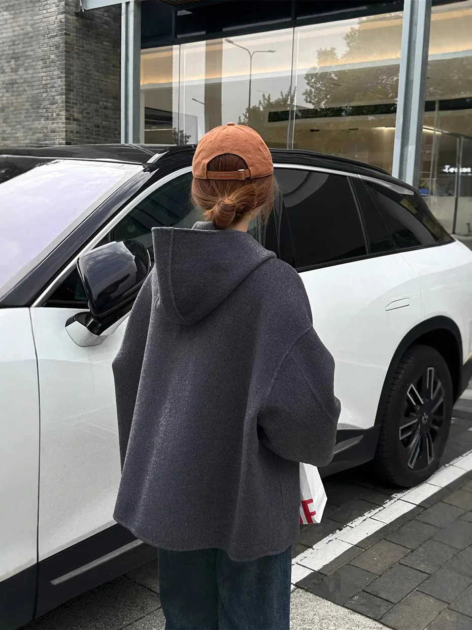 المرأة الخريف الشتاء الصوف مقنعين طويلة الأكمام واحدة الصدر معطف فضفاض سيدة الشارع الشهير جيوب دافئة الصوف أبلى