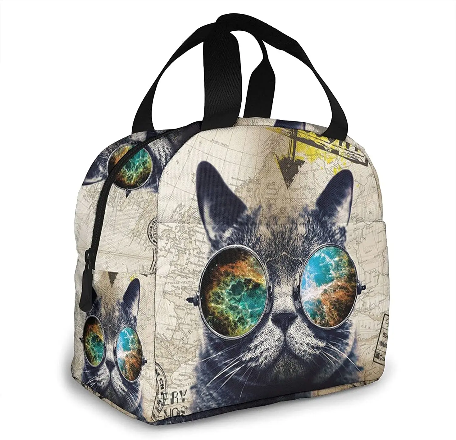 Cool Glasses Cat Thermal Lunch Bag for Women Men Insulated Beige Lunch Bag Cooler Bento Backpack Reusable Zipper Tote Lunch Box