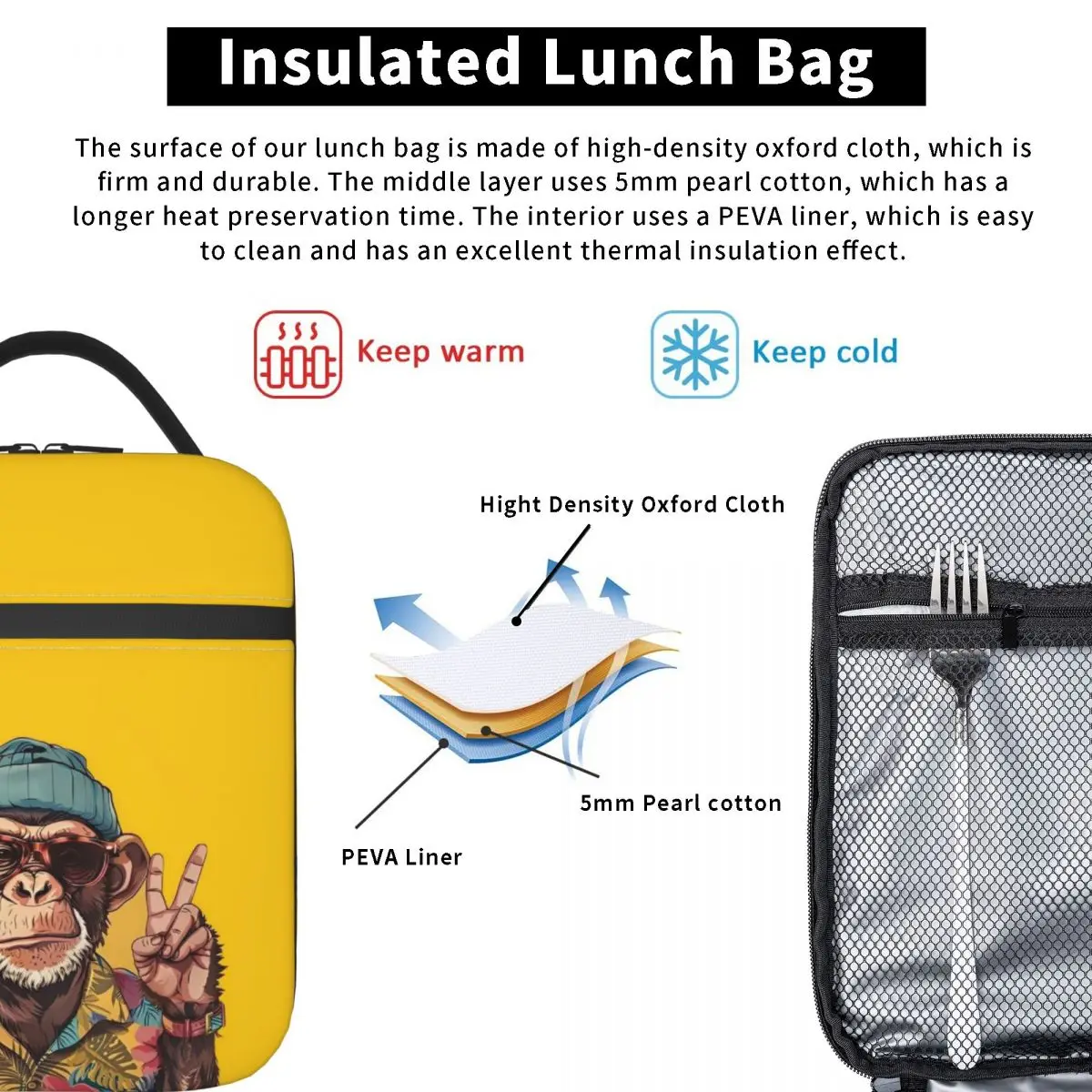 الفن الغوريلا حقيبة الغداء متعة الغداء مربع للجنسين مكتب المحمولة سستة حقيبة للحفاظ على البرودة أكسفورد طباعة الحرارية حمل حقائب اليد