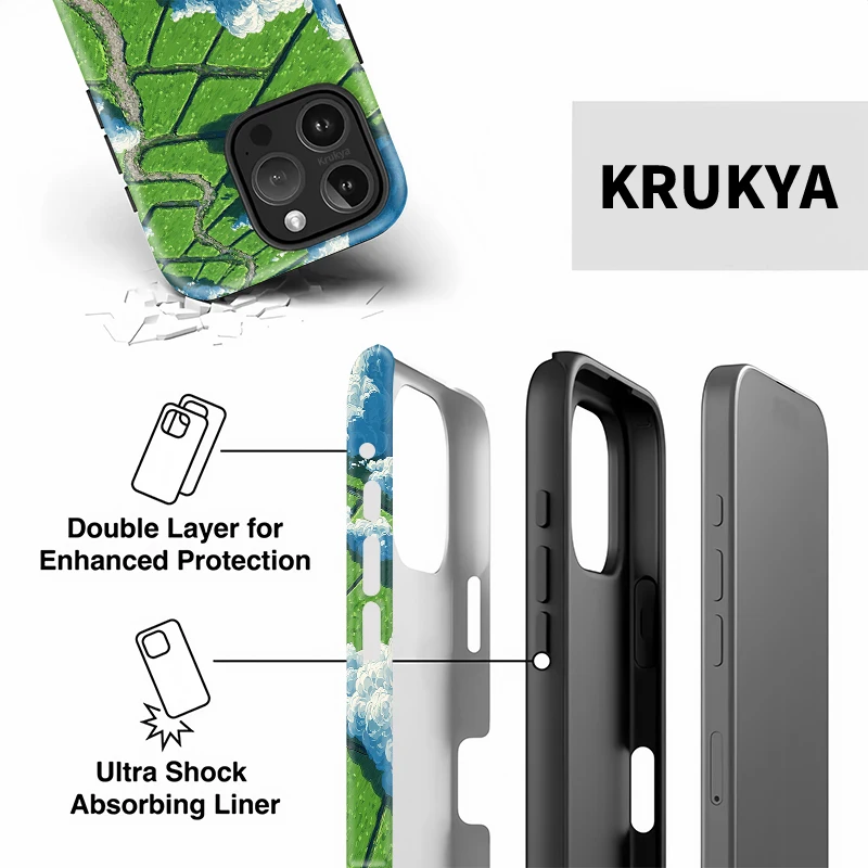 Krukya حافظة هاتف مزدوجة الطبقة لهاتف آيفون 13 15 16 14 Plus 11 12 17 Pro Max 17 Air SE XR XS غطاء سيليكون بنمط المجال الأخضر