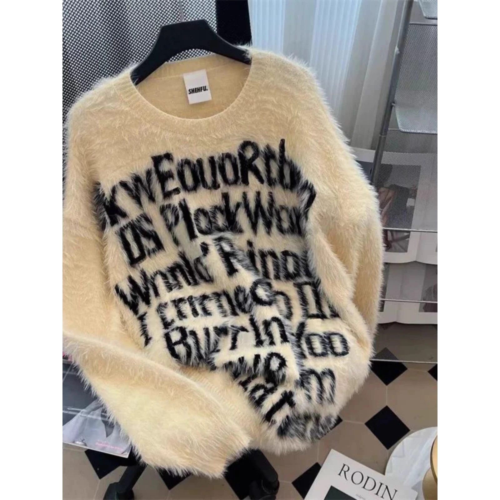 

Мужской вязаный свитер больших размеров с круглым вырезом, с буквенным принтом, из искусственного меха, для осени и зимы, повседневная одежда, полиэстер