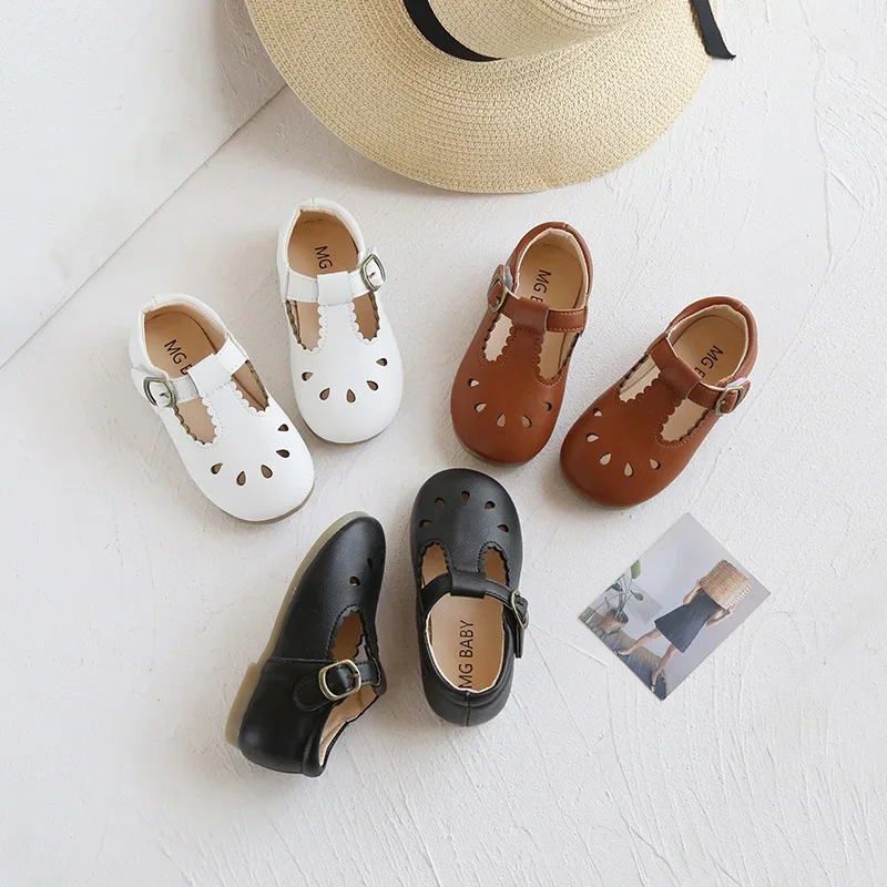 HoneyCherry Summer New Leather Shoes Retro Hollow Children's Soft Bottom Peas Shoes Toddler Girl Shoes