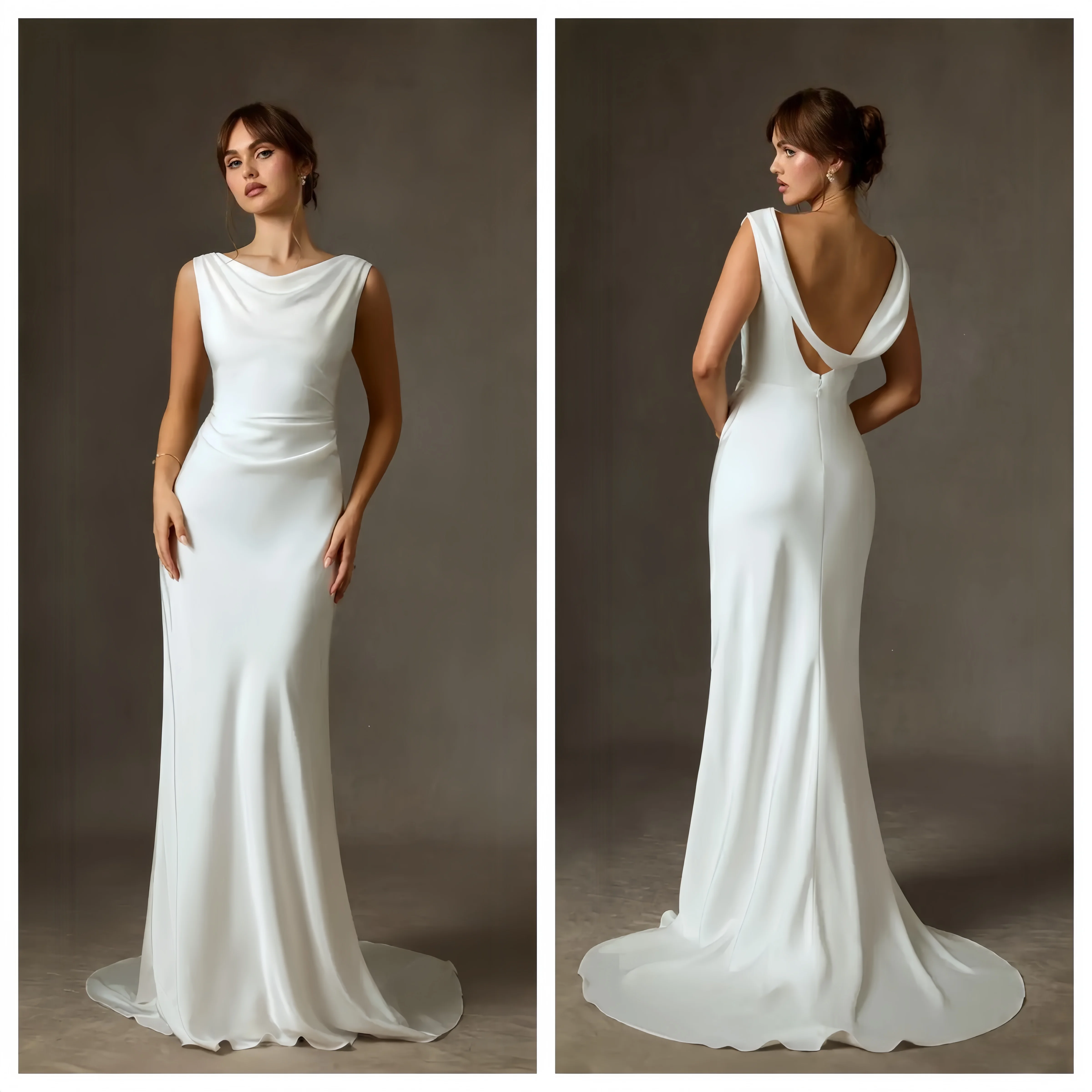 

Simple Mermaid skirt Women’s evening dress Backless Fitted Wedd Dress With Train Reception White Wedding