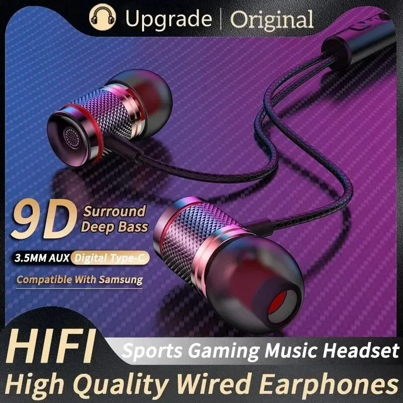 9D HIFI Schwere Bass In Ohr Kopfhörer 3,5 MM AUX/Typ-C Digital Kopfhörer Stereo Wired Headset mit Mikrofon Ohrhörer Für Samsung Android