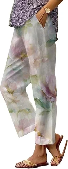 

Women's work trousers, summer casual, cropped pants, belt pockets, breathable cropped comfort, loose pants, high waist