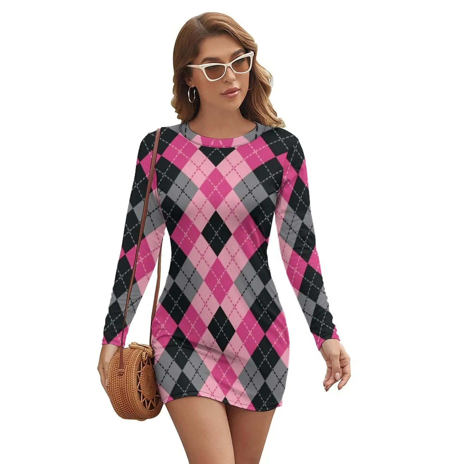 

Pink and Black Dashed Argyle Long-sleeved Dress Clothing Women's dresses summer dresses women 2024