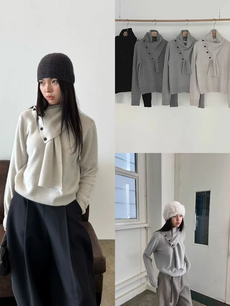 

Detachable Scarf Collar Knitted Sweater Women's Design Sensation Two-Piece Knitwear Soft Comfortable Long Sve round Ne