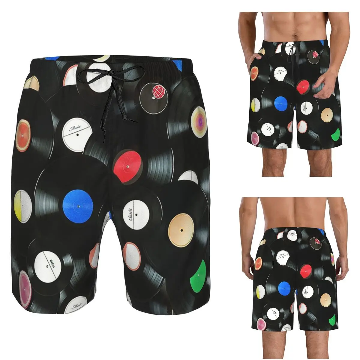 Nostalgic Retro Vinyl Record Street Hip Hop Trunks Beach Board Shorts Casual Quick Dry Swim Summer Men Pants