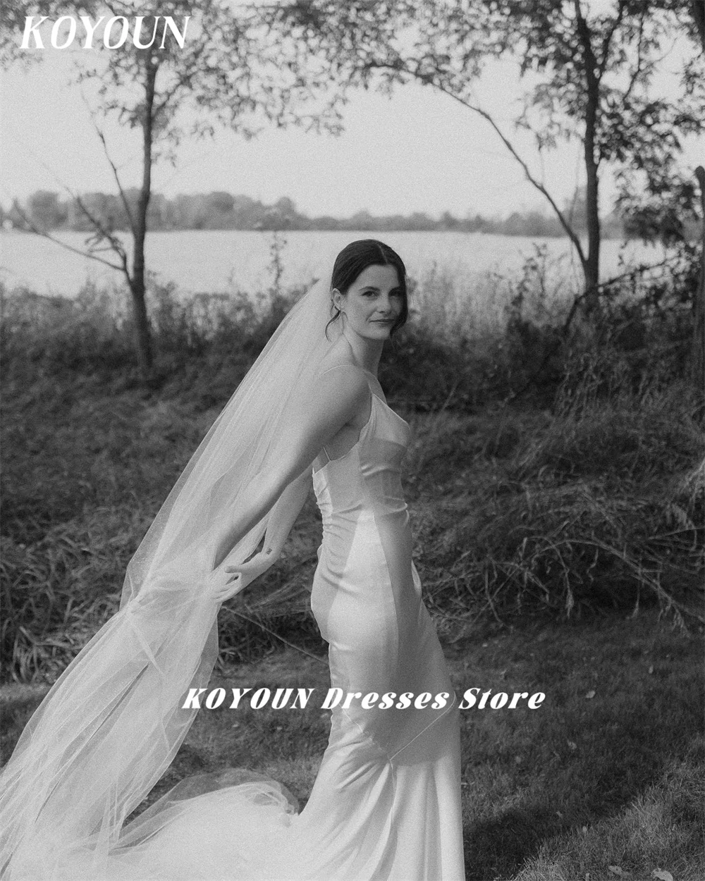 KOYOUN-vestidos de novia sencillos con tirantes finos para mujer, traje plisado de sirena con cuello desbocado, para fiesta de boda, 2024