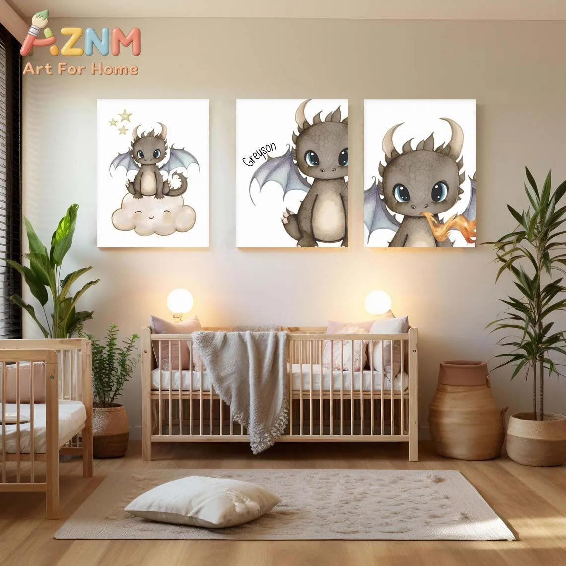 AZNM Cute Baby Dragon Canvas Wall Art Cartoon Fantasy Creature Cloud Star Watercolor Frameless Canvas Painting Nursery Kids Room