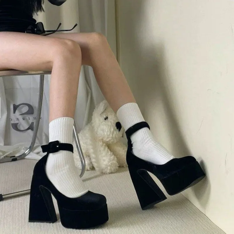 Chunky High Heels Autumn 2023 New Women Black Pumps Shoes Fashion Retro Metal Buckle Mary Jane Shoes Suede Casual Heels Women