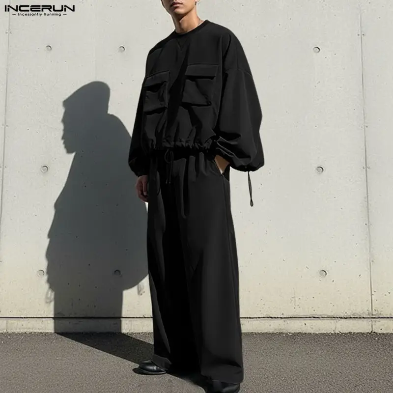Men Sets Patchwork Streetwear O-neck Pockets Long Sleeve Hoodies & Pants Two Pieces Sets INCERUN Loose Casual Men's Casual Suits
