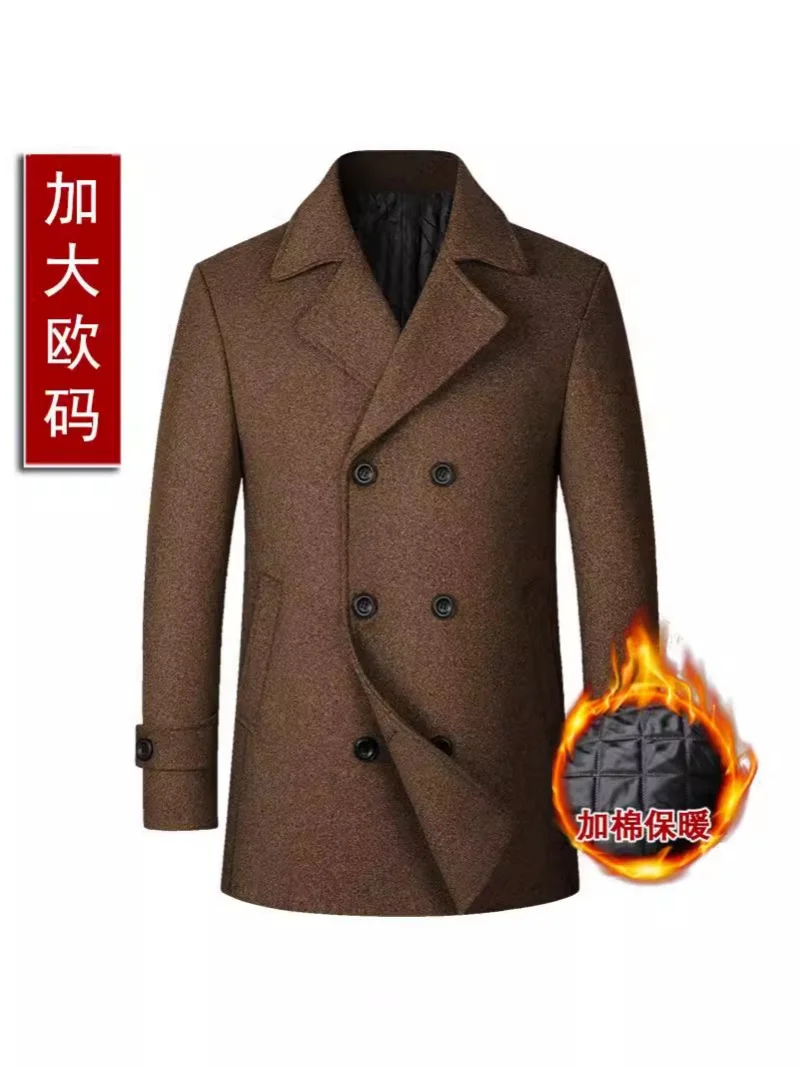 Men's European Size Wool Flannel Double Breasted Coat with Notch Lapel Mid-Length Notched European Style Winter Arrival